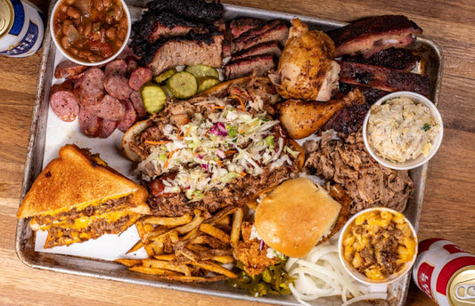 Shack Pack 2 BBQ tray with brisket, ribs, sausage and sides